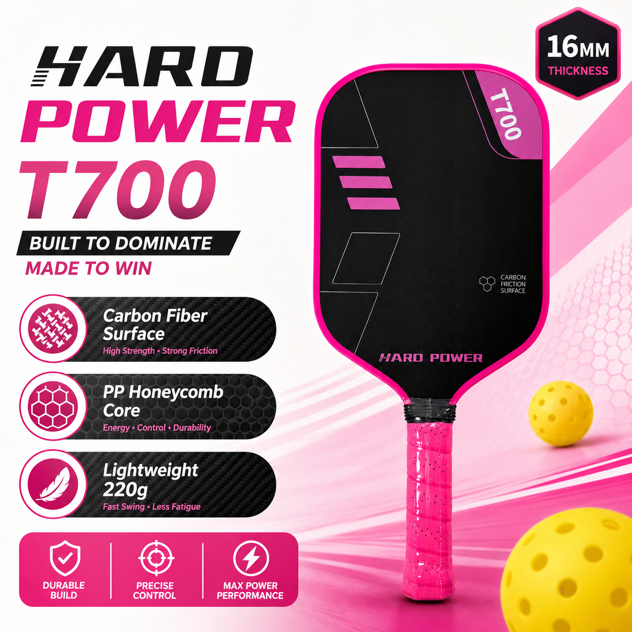 Red Hard Power T700 Carbon Fiber Pickelball Paddle