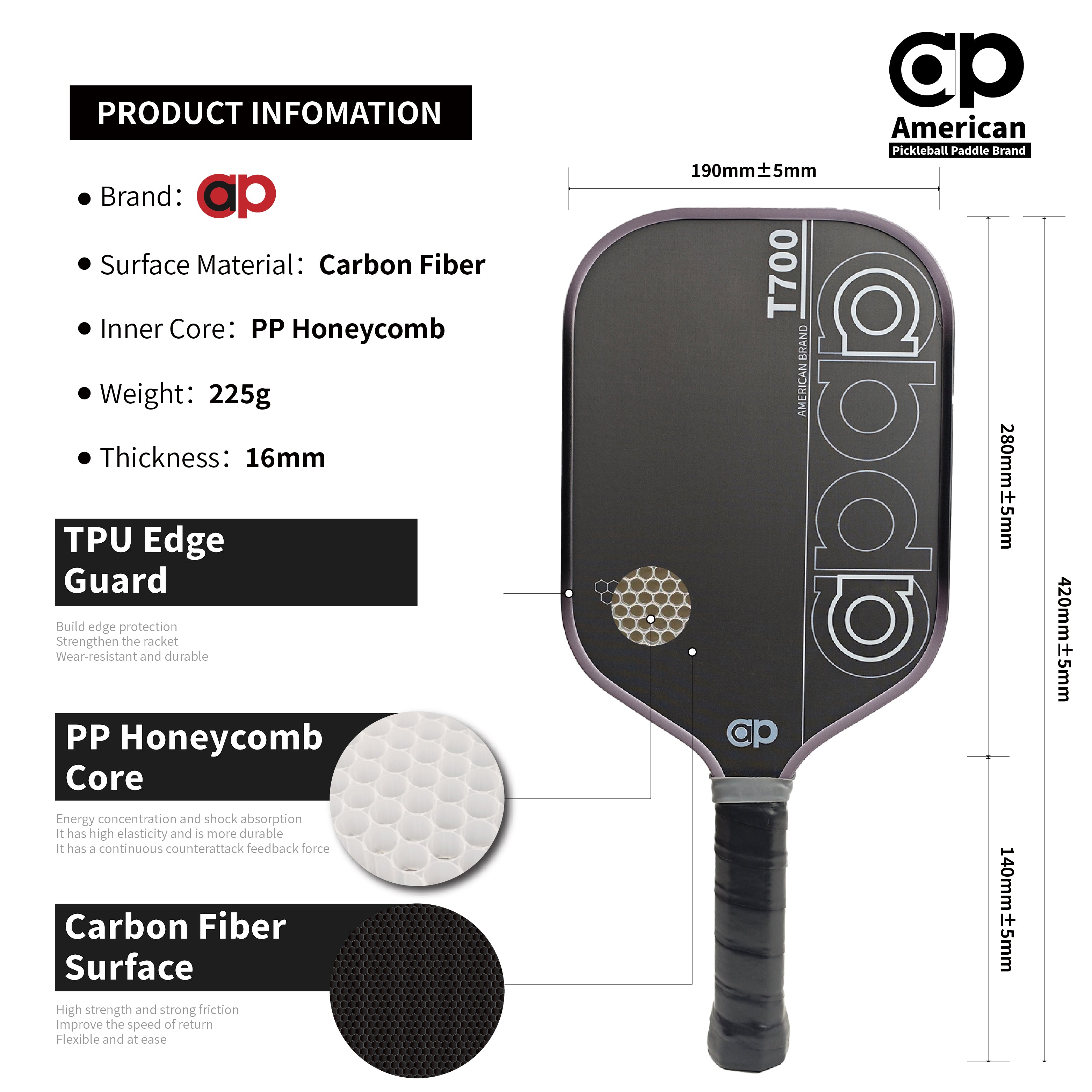Black ap T700 Carbon Fiber Pickleball Paddle