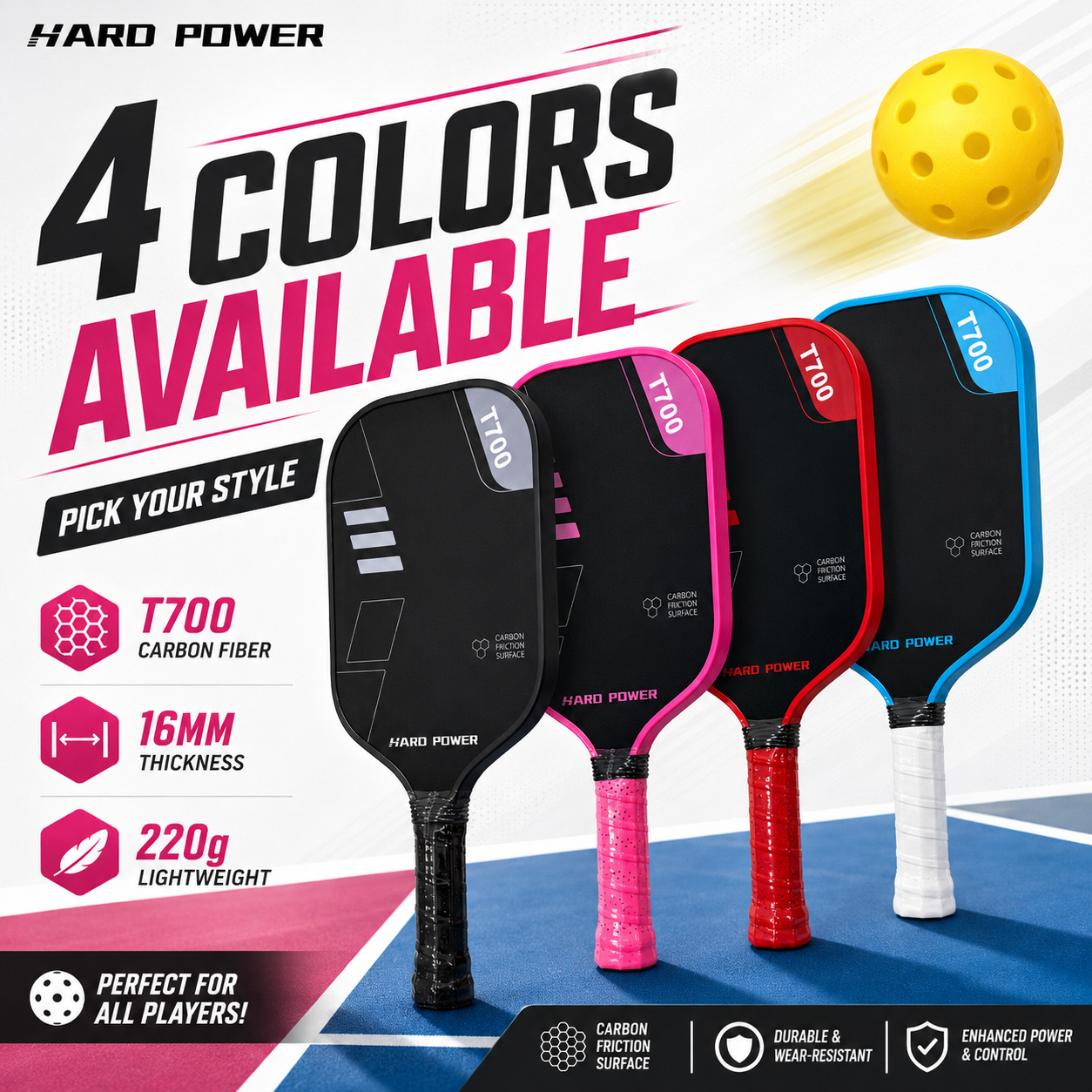 Red Hard Power T700 Carbon Fiber Pickelball Paddle