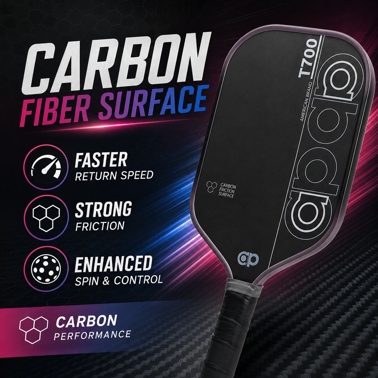 Black ap T700 Carbon Fiber Pickleball Paddle